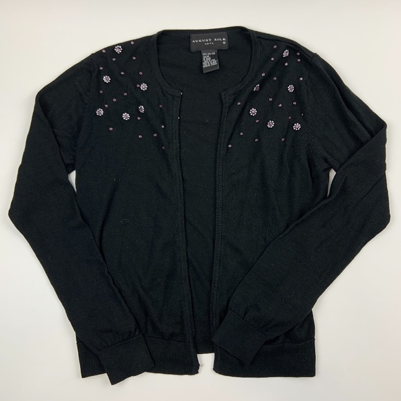 August Silk Cardigan Womens Medium Round Neck Long Sleeve Clasps Black - Picture 1 of 7